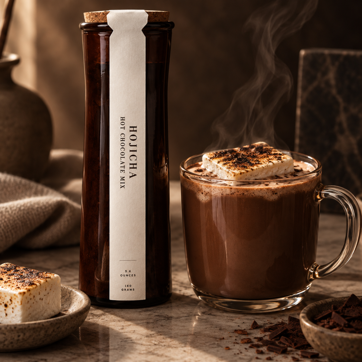 Hojicha Hot Chocolate Mix Paired With Vanilla Bean Marshmallows