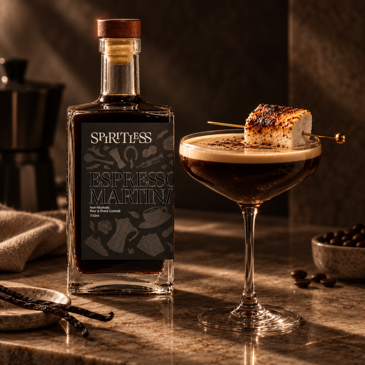 Non-Alcohol Espresso Martini with a Torched Vanilla Bean Marshmallow